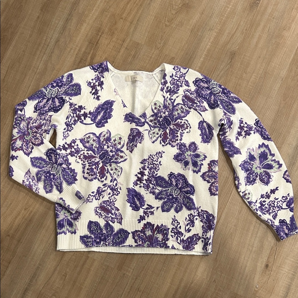 LOFT Purple and Cream Floral V-Neck Sweater